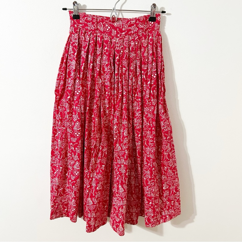 Vintage Gale & Gale Red and White Pleated A-Line Midi Skirt Folk Art Print 🟥⬜️